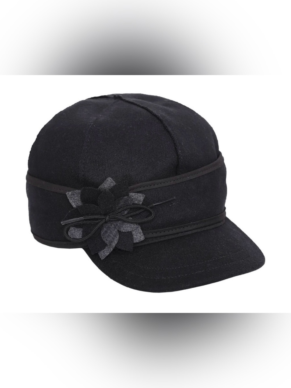 STORMY KROMER WOMEN'S PETAL PUSHER CAP Black Wool Hat Floral Appliqué 7 3/8